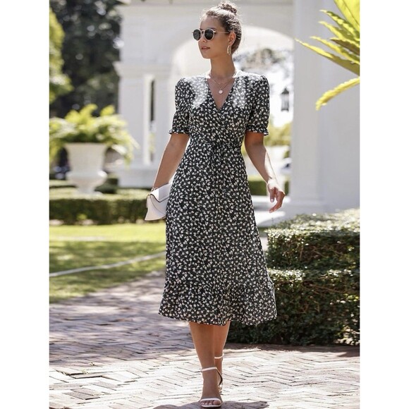 Shein VCAY Ditsy Floral Puff Sleeve Knot Side Wrap Dress Size Medium - Picture 1 of 7